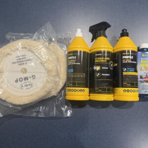 Paradise Slides heavy oxidation water slide maintenance kit with Farecla Profile 200, G-Mop pads, UV wax, cleaner, and boat wash