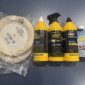 Paradise Slides standard oxidation water slide maintenance kit with Farecla Profile 400, G-Mop pads, UV wax, cleaner, and boat wash