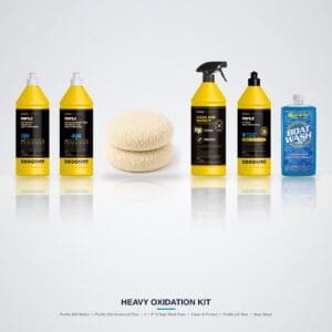 Heavy Oxidation Kit: Farecla Profile 200 Select, Profile 400 Advanced Plus, two 8 inch G Mop wool pads, Clean and Protect, Profile UV Wax and Star brite Boat Wash