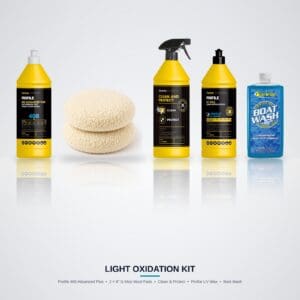 Light Oxidation Kit: Farecla Profile 400 Advanced Plus, two 8 inch G Mop wool pads, Clean and Protect, Profile UV Wax and Star brite Boat Wash