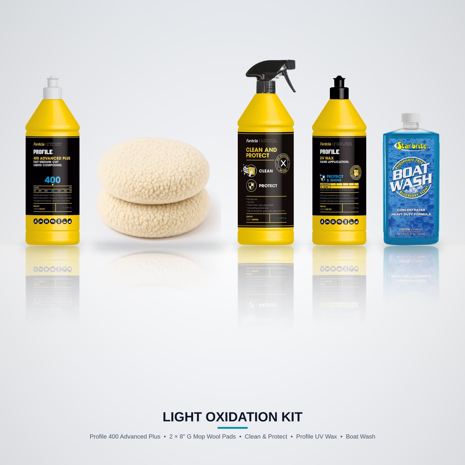Light Oxidation Kit: Farecla Profile 400 Advanced Plus, two 8 inch G Mop wool pads, Clean and Protect, Profile UV Wax and Star brite Boat Wash